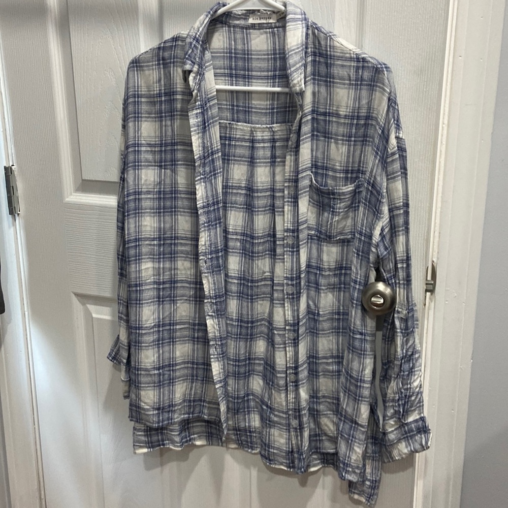 Blue and white plaid button down top with breast pocket